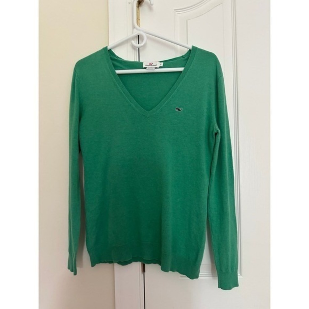 Vineyard Vines Womens Green 100% Cotton V-Neck Whale‎ Logo Sweater Size S